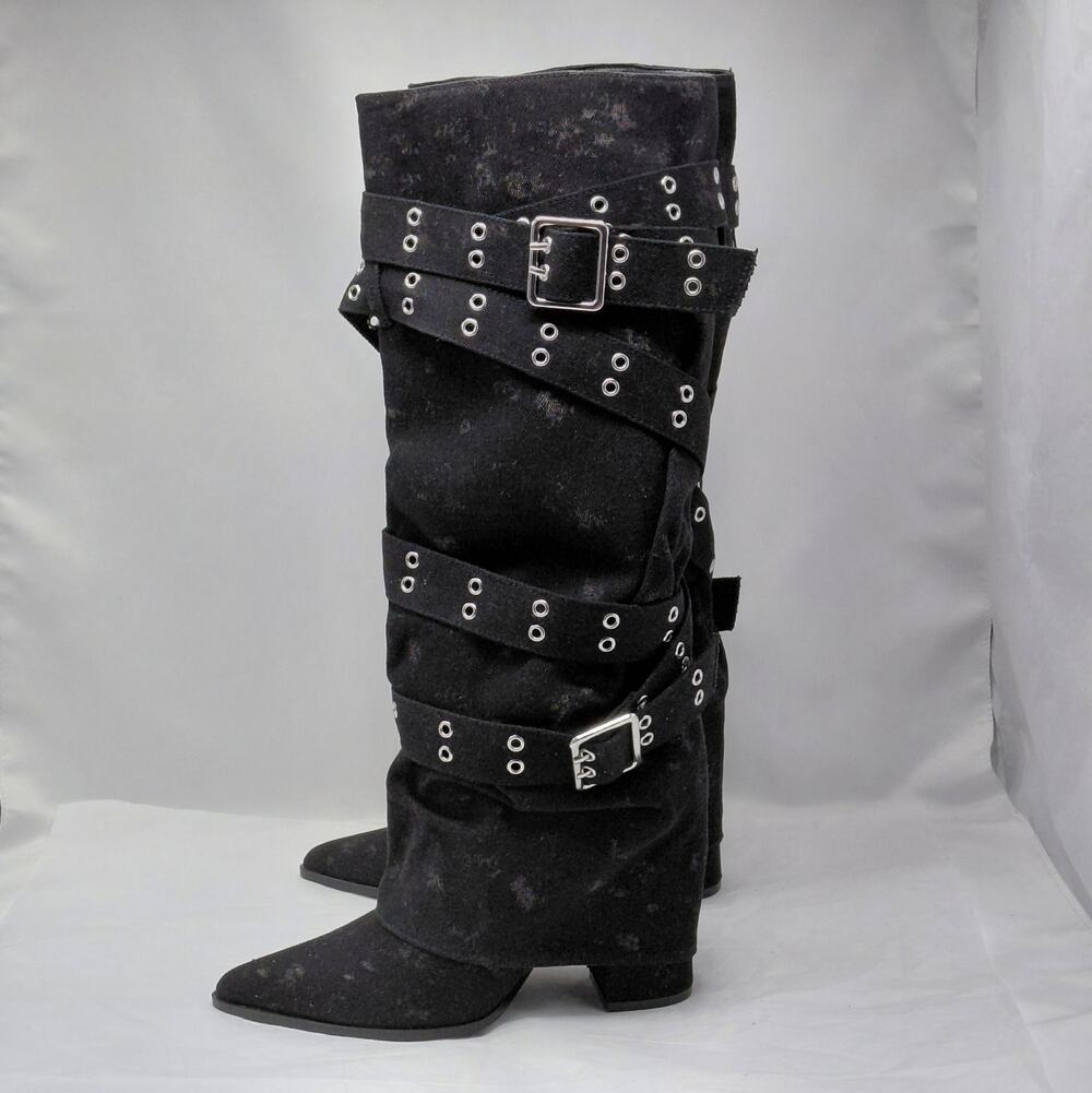 Womens Black Denim Knee High Boots Western Coastal Cowgirl Size 6 Pointed Toe